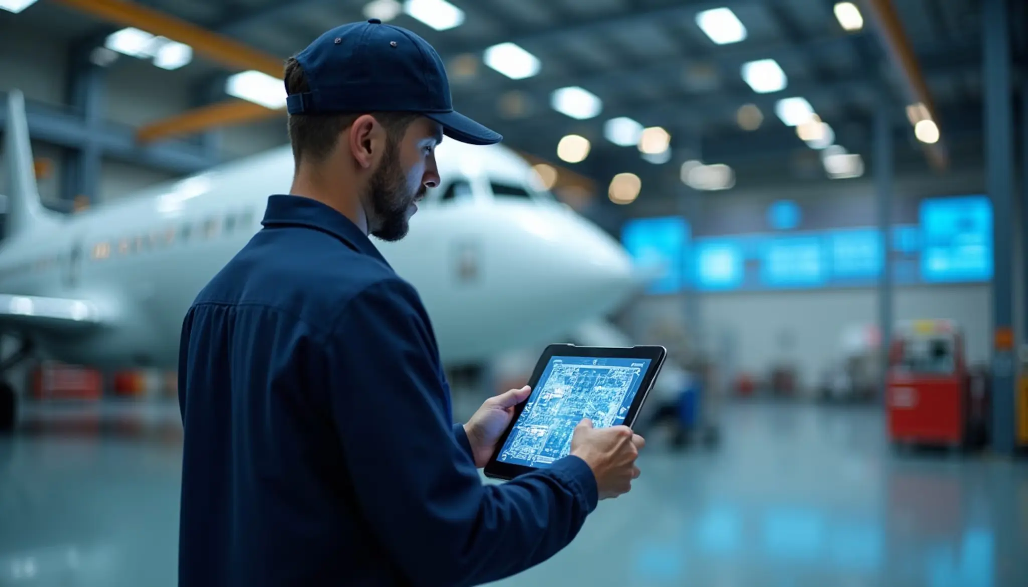 Техник по обслуживанию самолетов использует планшетную систему на базе блокчейна для ведения цифровых записей о техническом обслуживании