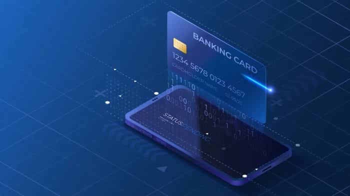 Архитектура цифровой банковской платформы, демонстрирующая облачные микросервисы, мобильные приложения и платежные сети на основе блокчейна