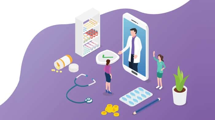 Mobile medication management platform interface showing pill identification, scheduling reminders, and healthcare provider communication