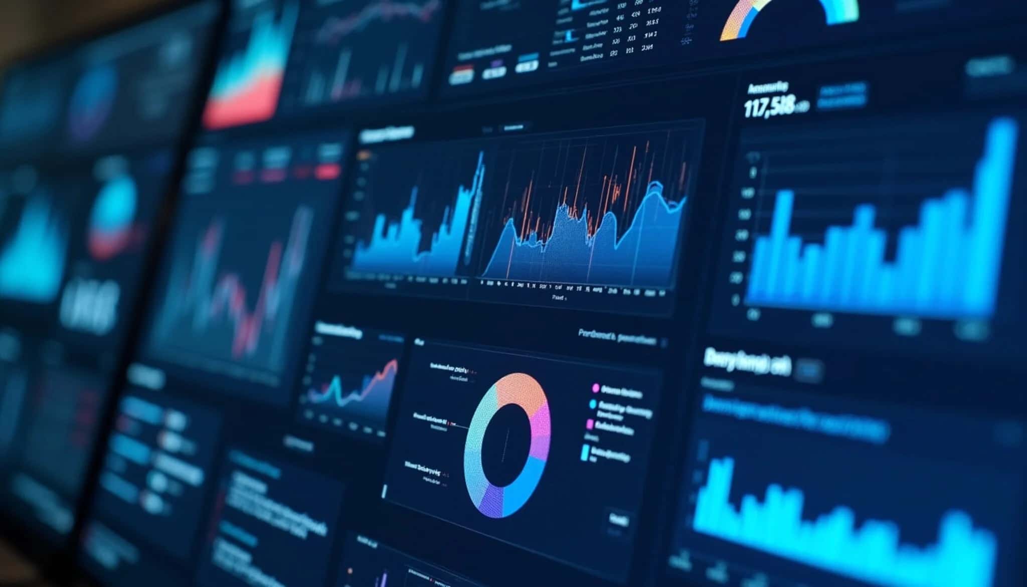 Панель аналитики розничной торговли, отображающая визуализацию многоканальных данных с показателями в реальном времени и аналитикой на основе машинного обучения