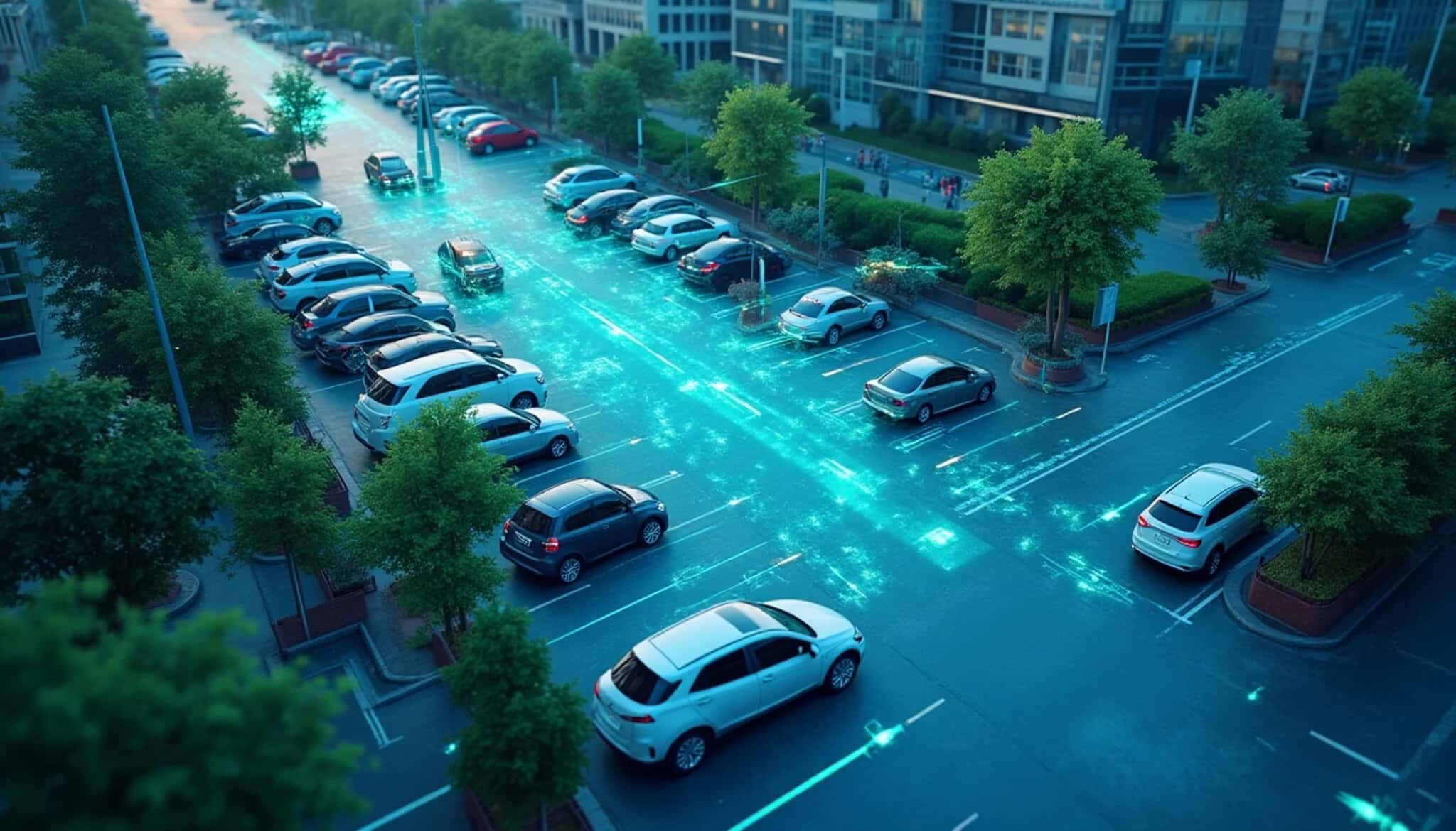 Smart parking system showing IoT sensors monitoring urban parking spaces with real-time availability