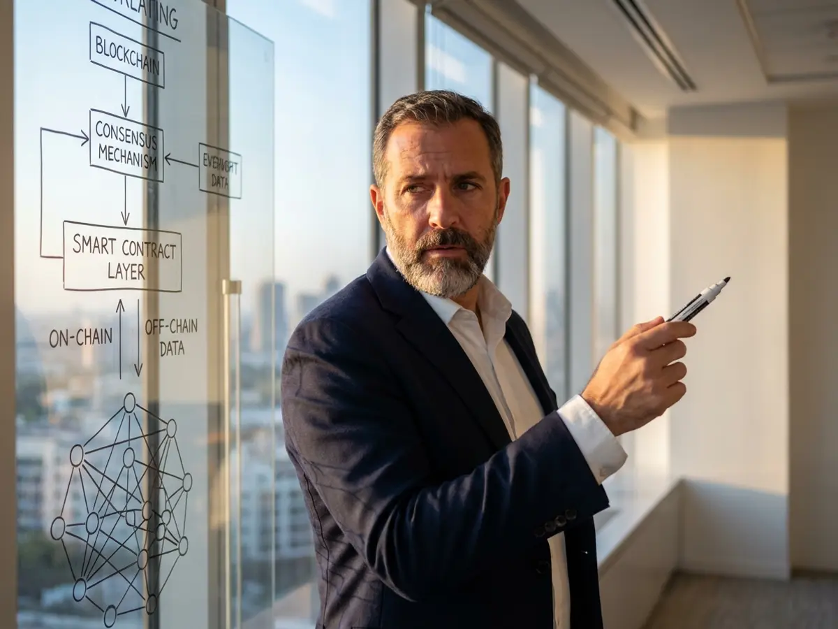 Старший блокчейн-консультант объясняет архитектурную схему на стеклянной доске