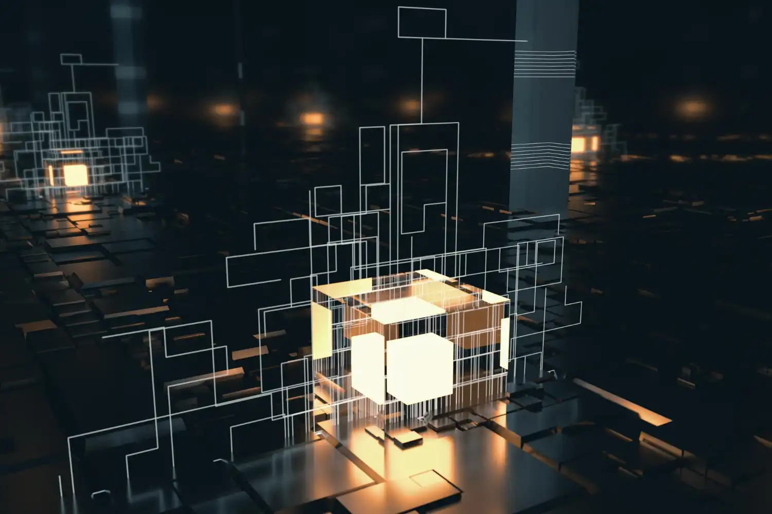 Modern blockchain development platforms architecture showing interconnected networks and smart contract deployment