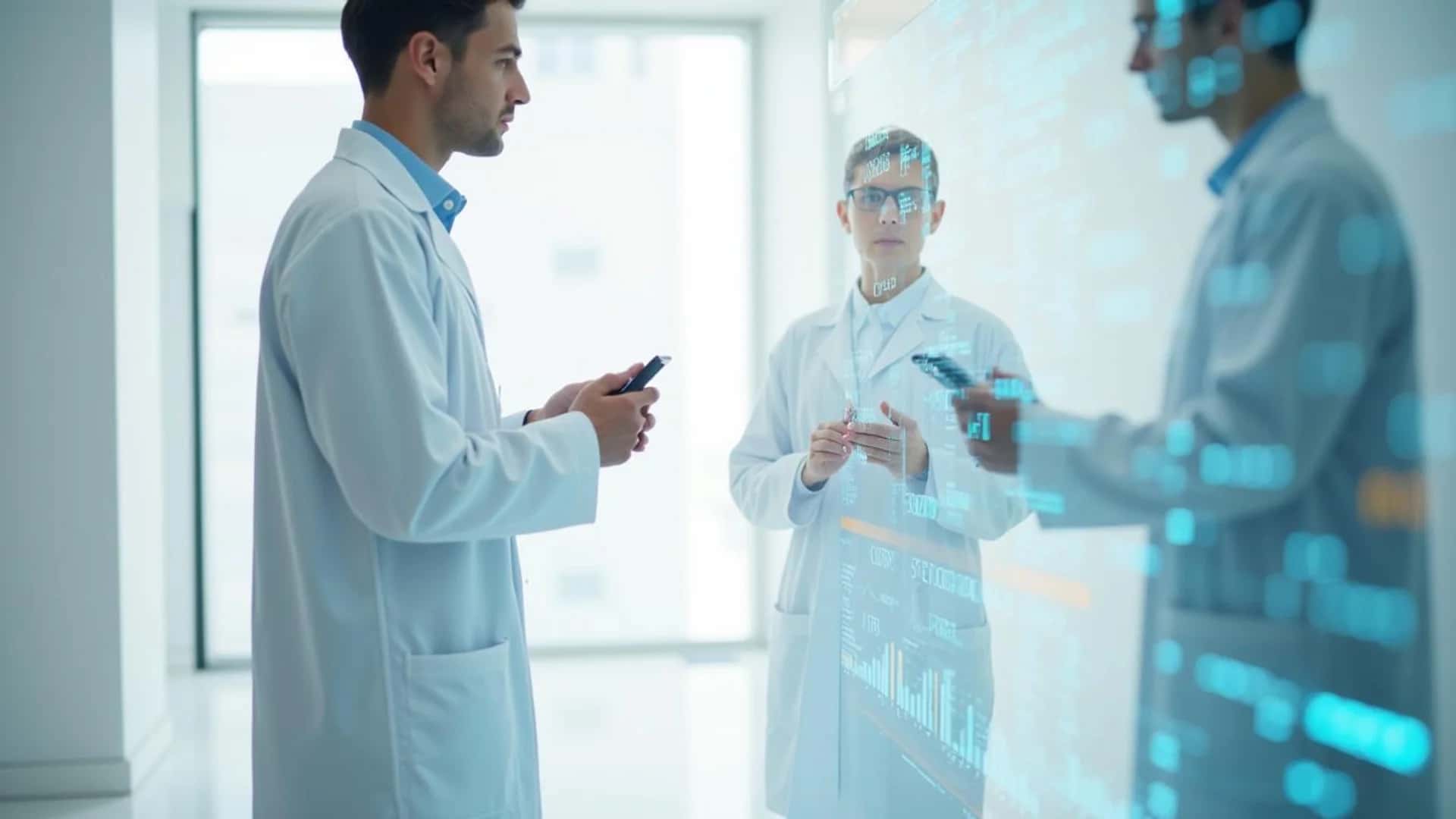 Healthcare professional interacting with secure blockchain-based medical records system showing data integrity and distributed architecture