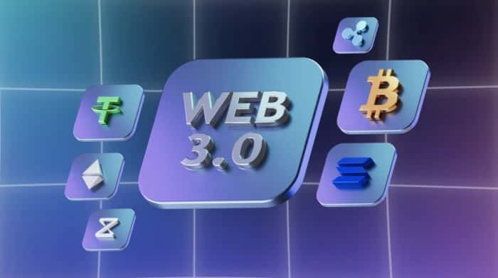 Blockchain network architecture showing decentralized nodes supporting Web 3.0 applications