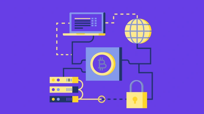 Arquitectura de red blockchain que muestra nodos interconectados y un sistema descentralizado