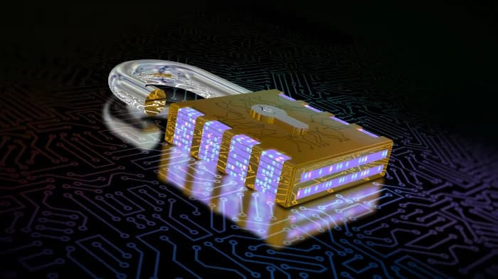 Arquitectura de ciberseguridad de blockchain que muestra nodos descentralizados y capas de protección criptográfica.