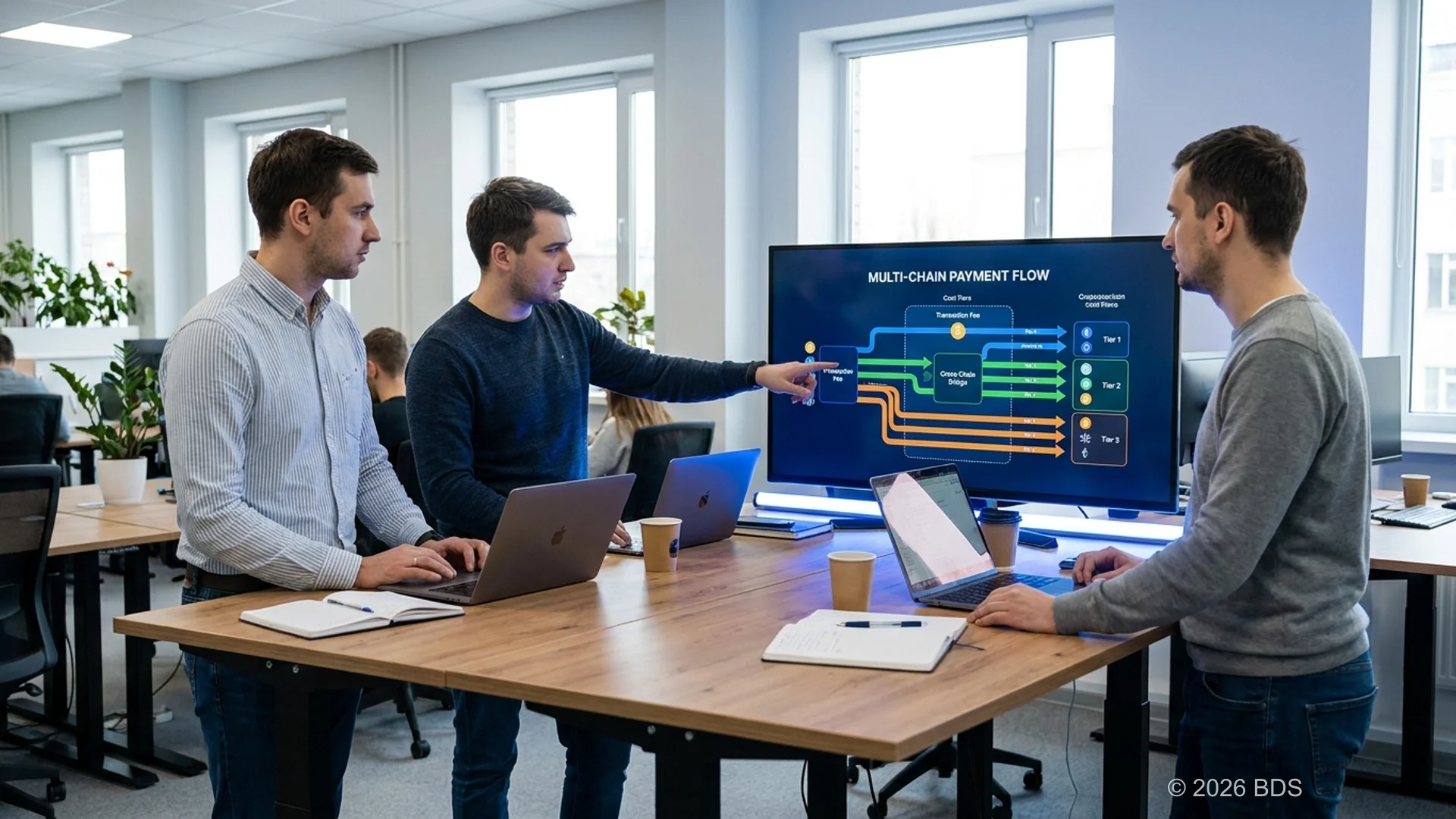 Équipe de développement de passerelle de paiement crypto révisant l'architecture sur des moniteurs avec des diagrammes blockchain