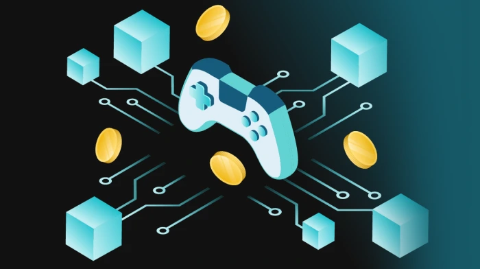 Ecosistema de juegos blockchain DeFi que muestra contratos inteligentes interconectados, activos NFT e intercambios descentralizados