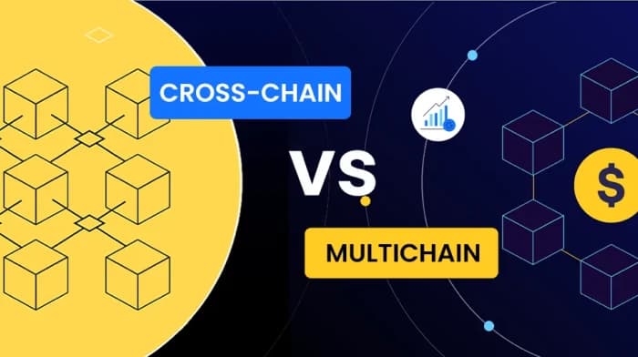 Redes blockchain multicadena y entre cadenas interconectadas con visualización del flujo de datos.
