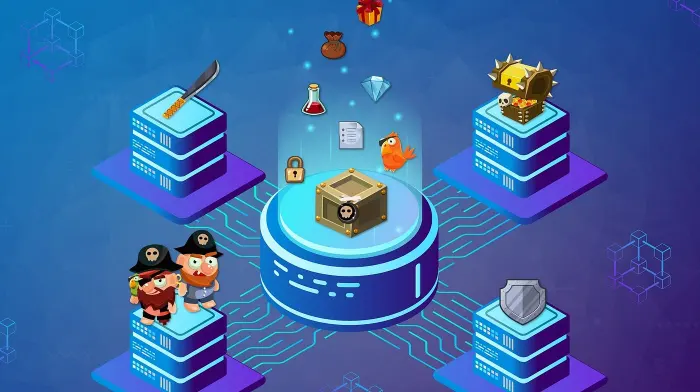 Ecosistema de juegos blockchain que muestra plataformas descentralizadas, contratos inteligentes y transacciones con criptomonedas