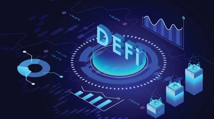 DeFi ecosystem architecture showing interconnected protocols, smart contracts, and decentralized applications