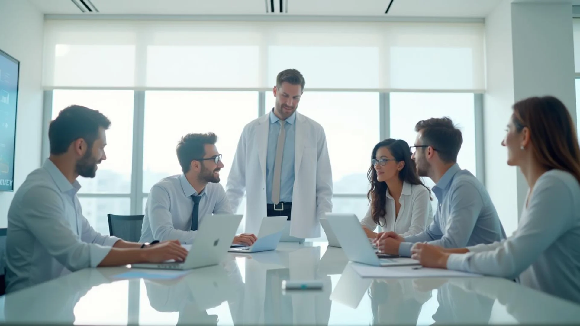 Business professionals reviewing blockchain development proposals and technical specifications on digital screens