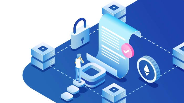 Arquitectura de contratos inteligentes que muestra código de ejecución automática en la red blockchain.