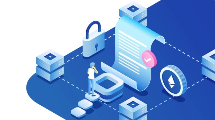 Arquitectura de contratos inteligentes que muestra código de ejecución automática en la red blockchain.