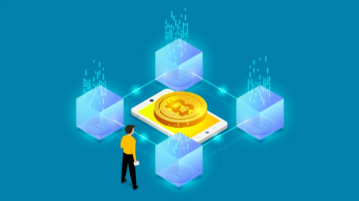 Concepto estratégico de inversión en blockchain que muestra los nodos de la red, los activos digitales y los elementos de transformación empresarial