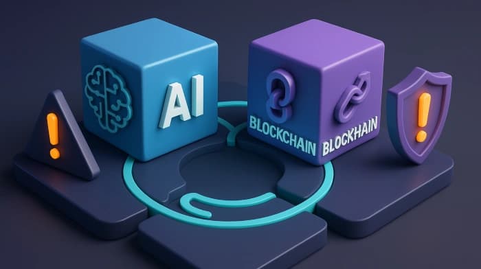 Futuristic digital network showing AI algorithms merging with blockchain architecture