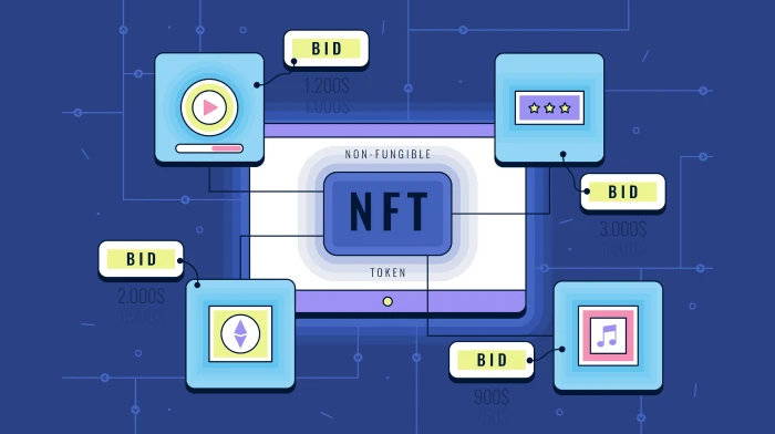 NFT marketplace platform showing digital art collections and trading interface