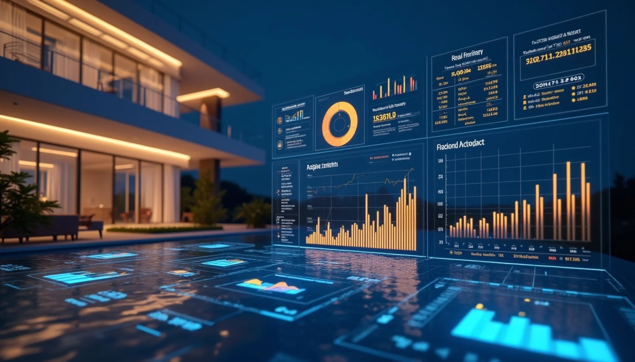 Modern real estate tokenization platform showing fractional ownership dashboard with property portfolios and blockchain transactions